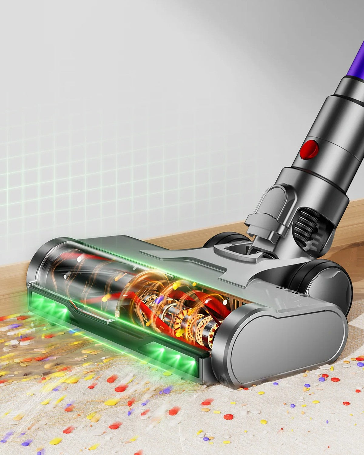 Close-up of the motorised floor brush with green LED dust lights